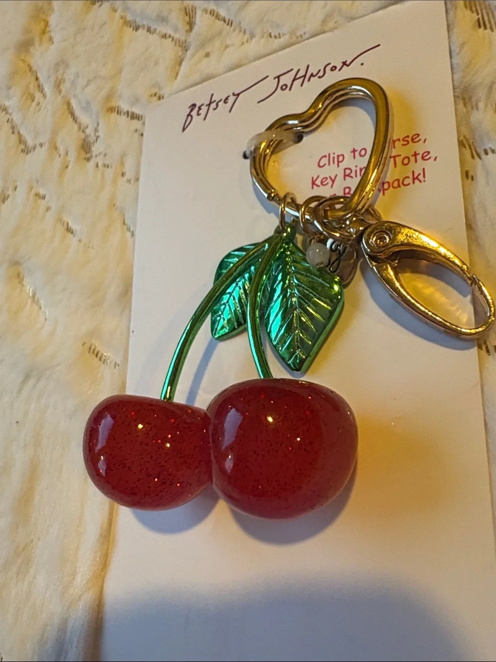 BNWT Betsey Johnson Red Cherry Keychain Bag Charm with Green Leaves